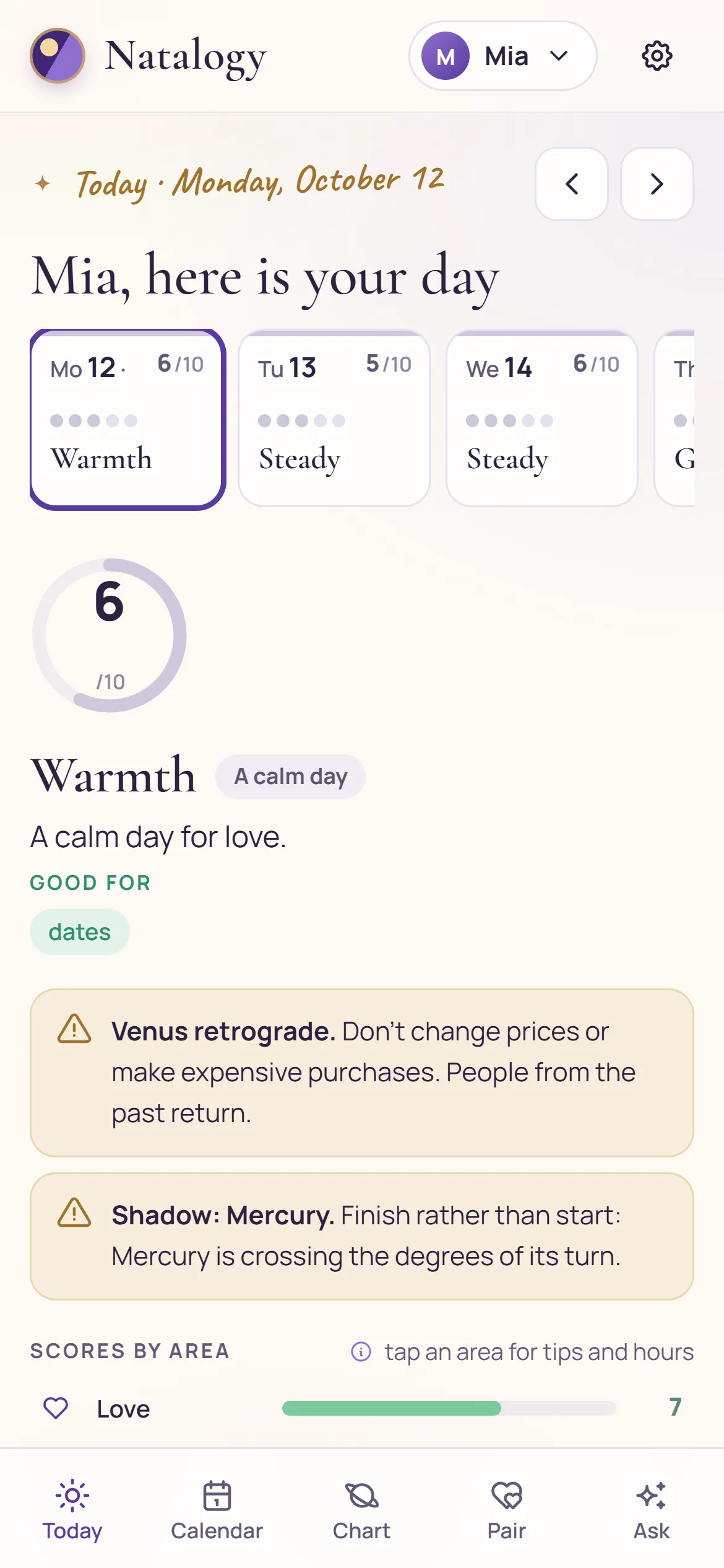 Today on a phone: day score, week strip and scores by life area