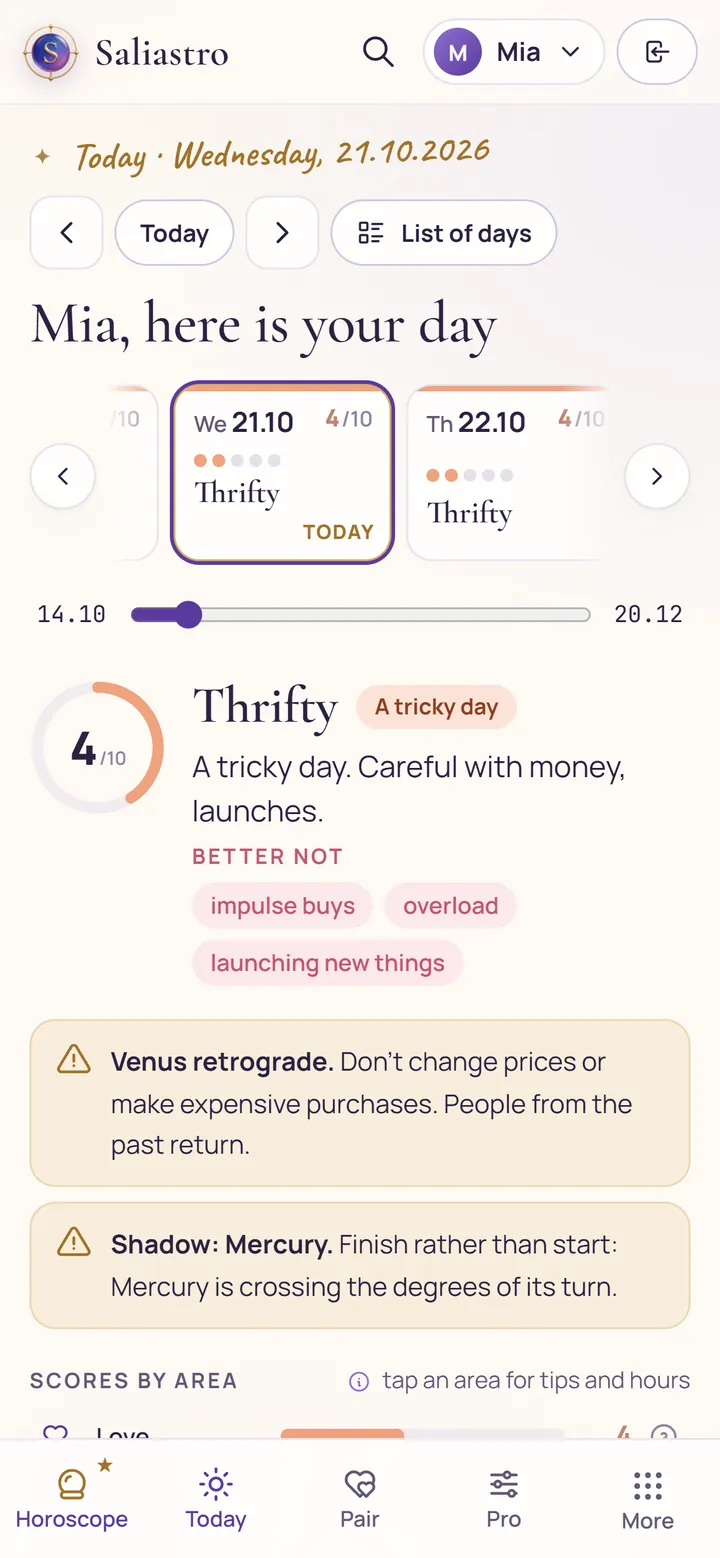 Today on a phone: day score, week strip and scores by life area