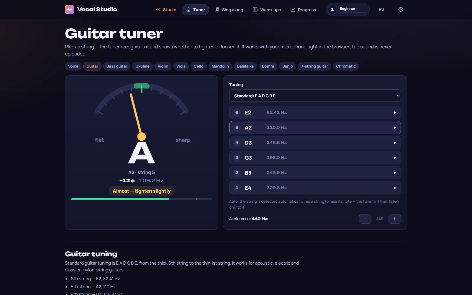 Guitar tuner: the A string is 12 cents flat, the tuner says “tighten slightly”