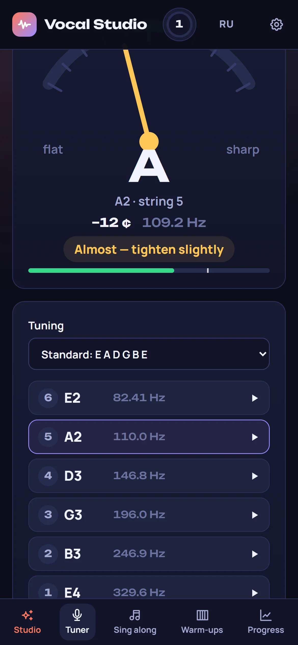 Guitar tuner on a phone